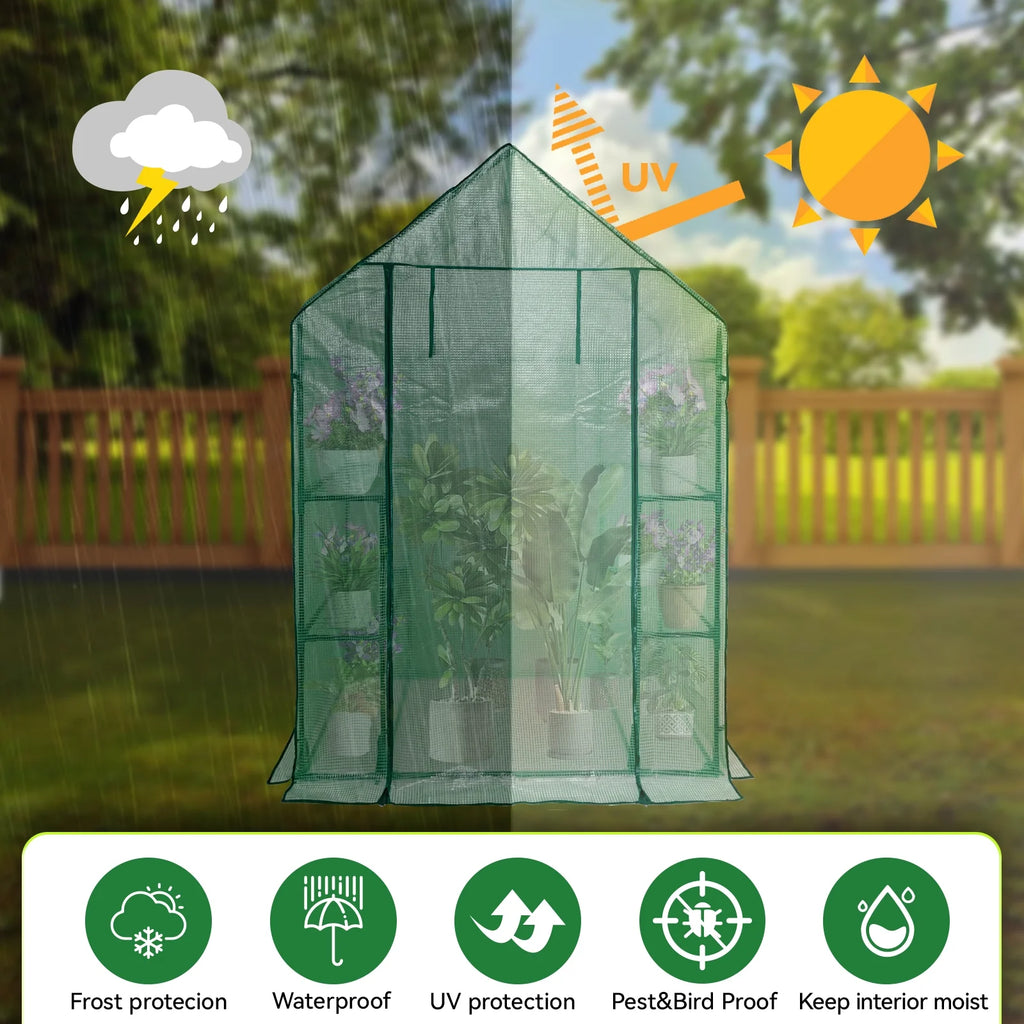 Walk-In Greenhouse Kit with Cover, 3 Tiers 6 Shelves, Portable Greenhouse with Observation Windows, PE Door, Ground Pegs & Ropes W9538