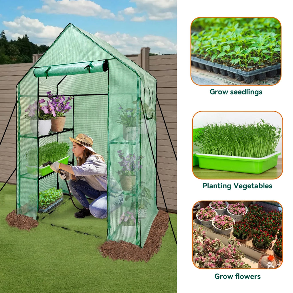 Walk-In Greenhouse Kit with Cover, 3 Tiers 6 Shelves, Portable Greenhouse with Observation Windows, PE Door, Ground Pegs & Ropes W9538