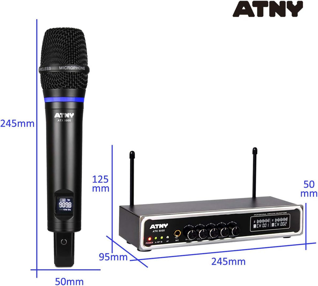 UHF Dual Channel Handheld Wireless Microphone System with 2 Rechargeable Metal Mics and LED Display E1437