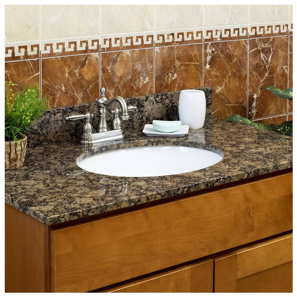 Baltic Brown Granite Vanity Top 25 in x 22 in with Backsplash 8 in Spread J433983