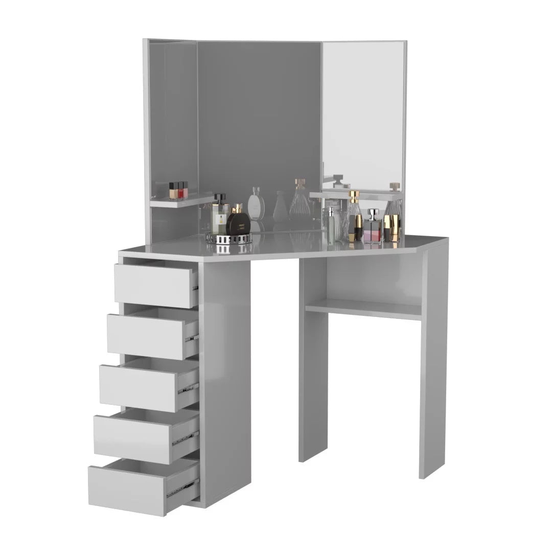 Corner Makeup Vanity Desk with 3 Mirrors and 5 Drawers W419