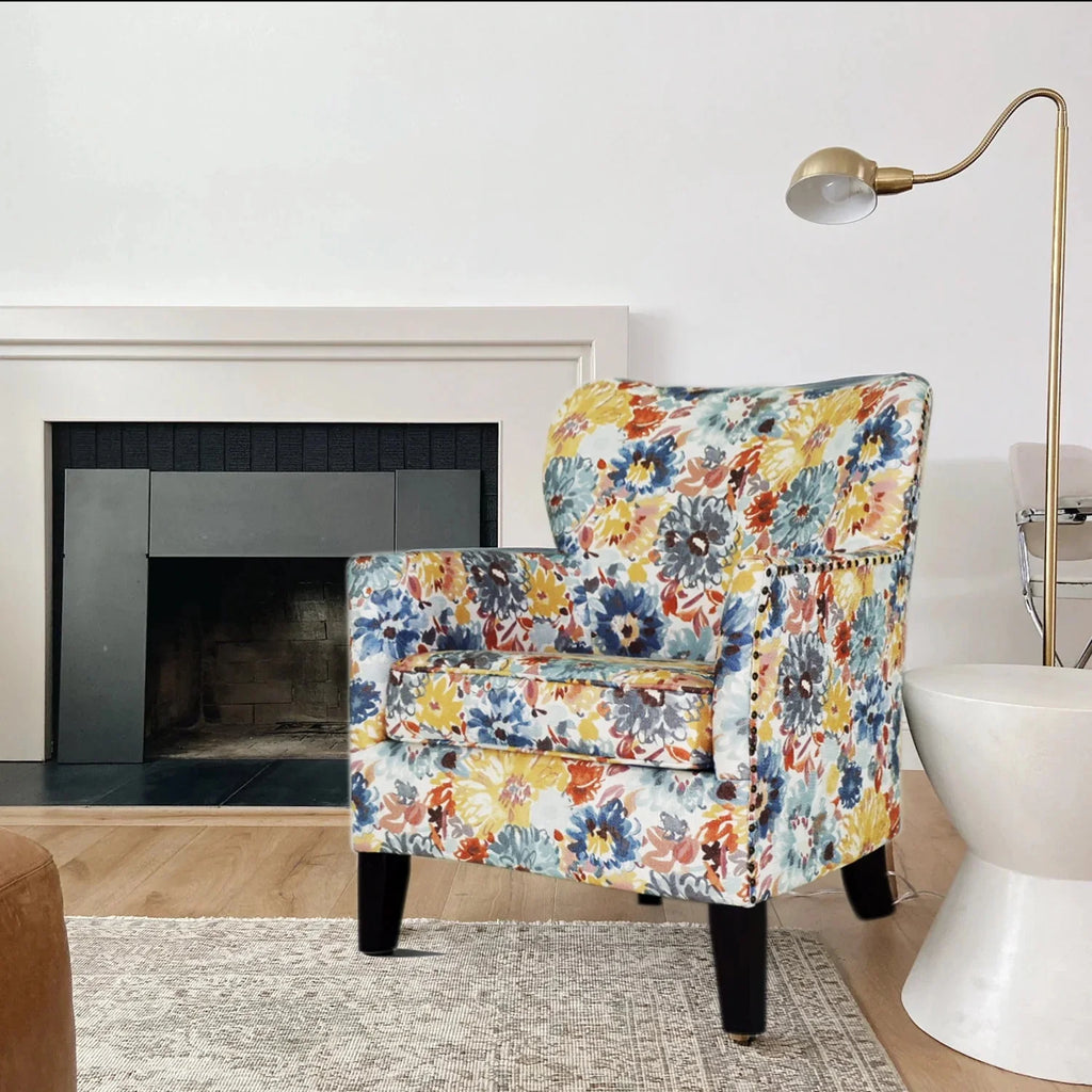 Blue Yellow Brown Floral Polyester Blend Arm Chair G847371