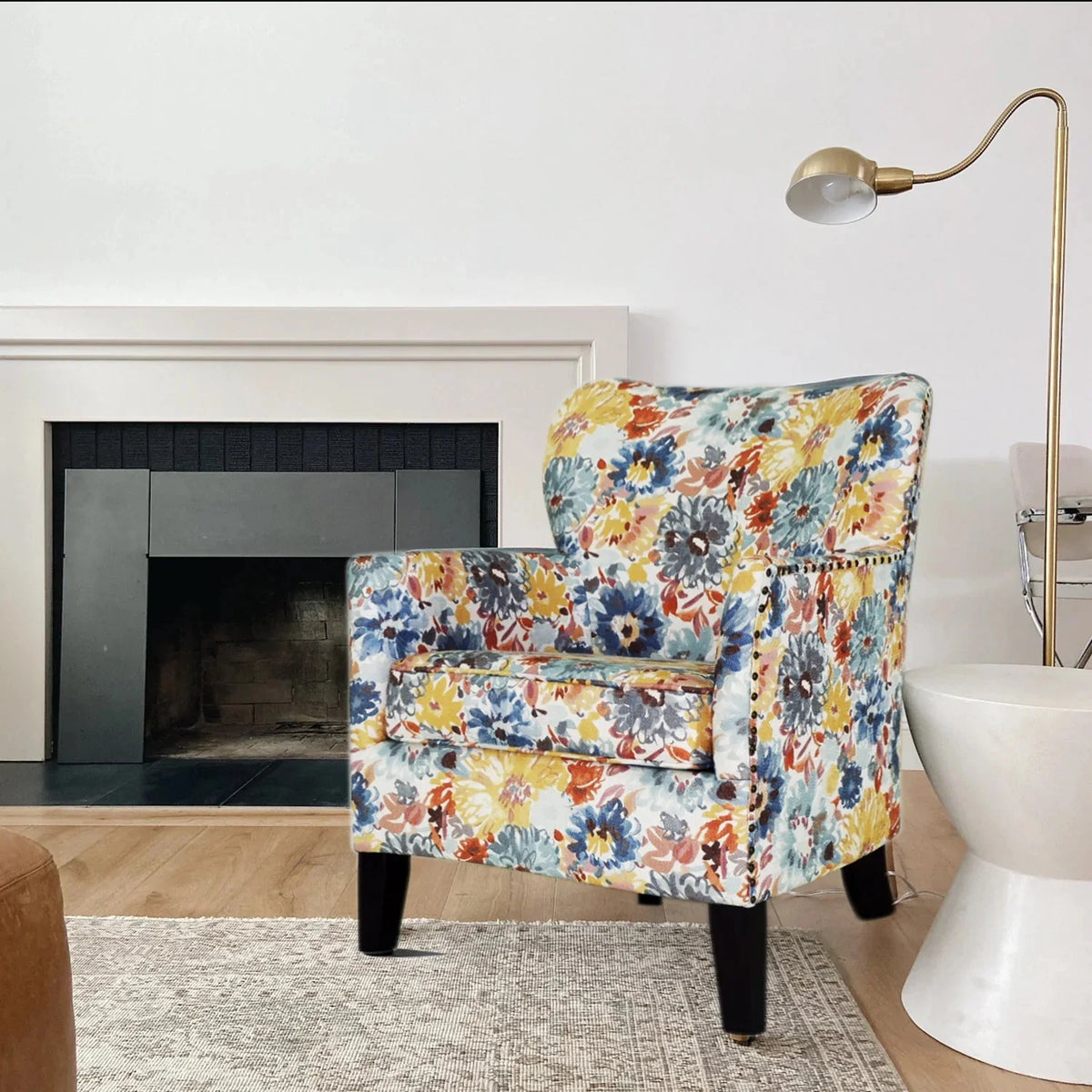 Blue Yellow Brown Floral Polyester Blend Arm Chair G847371