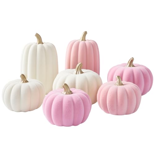 Pink and Beige Flocked Artificial Pumpkins Set 7 PCS P39408