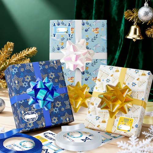 30 Pcs Hanukkah Wrapping Paper Gift Tags Bows Ribbon R51517