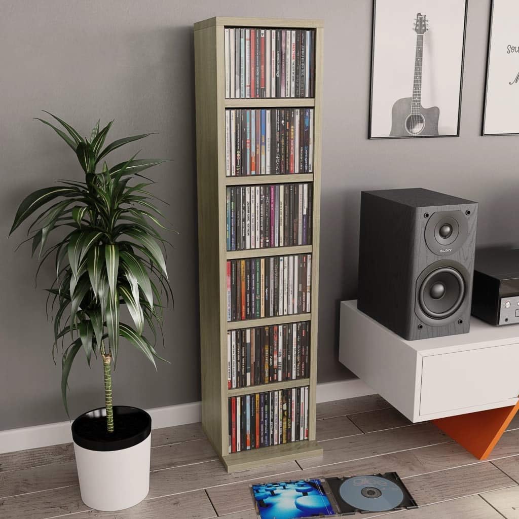 White and Sonoma Oak 8.3x9x34.6 Chipboard CD Cabinet Pack of 2 G345