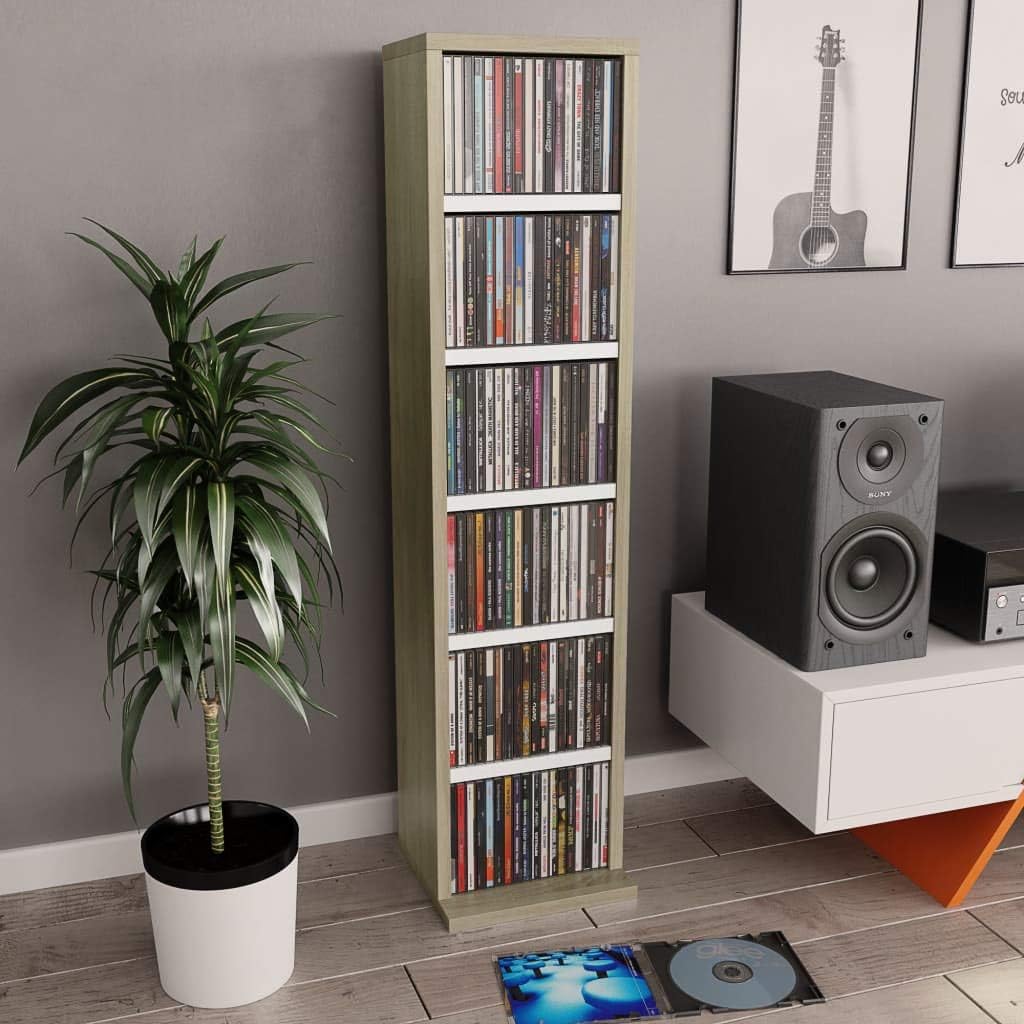 White and Sonoma Oak 8.3x9x34.6 Chipboard CD Cabinet Pack of 2 G345
