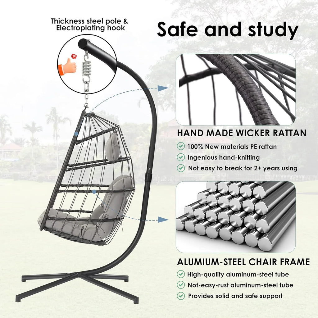 Egg Swing Chair with Bracket Outdoor Rattan Wicker Basket Hammock Chair with Aluminium Steel Frame and UV Cushion N777027