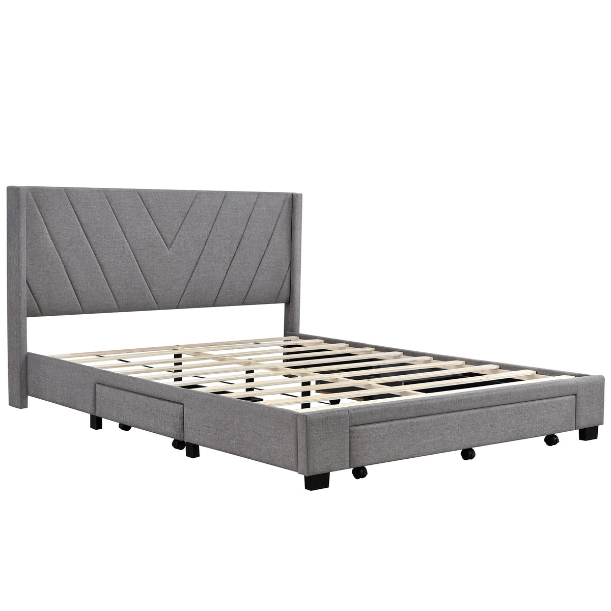 Queen Size Linen Upholstered Platform Bed with 3 Storage Drawers Z66510