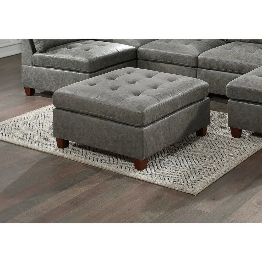 Antique Grey Tufted Leatherette Ottoman A456
