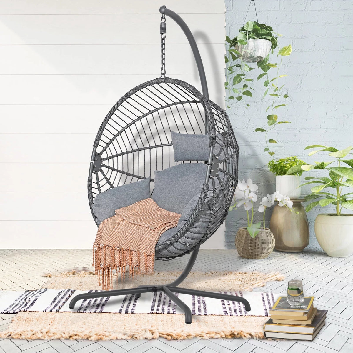 Oversized Dark Gray Cocoon-Shaped Hammock Chair with Stand C770418