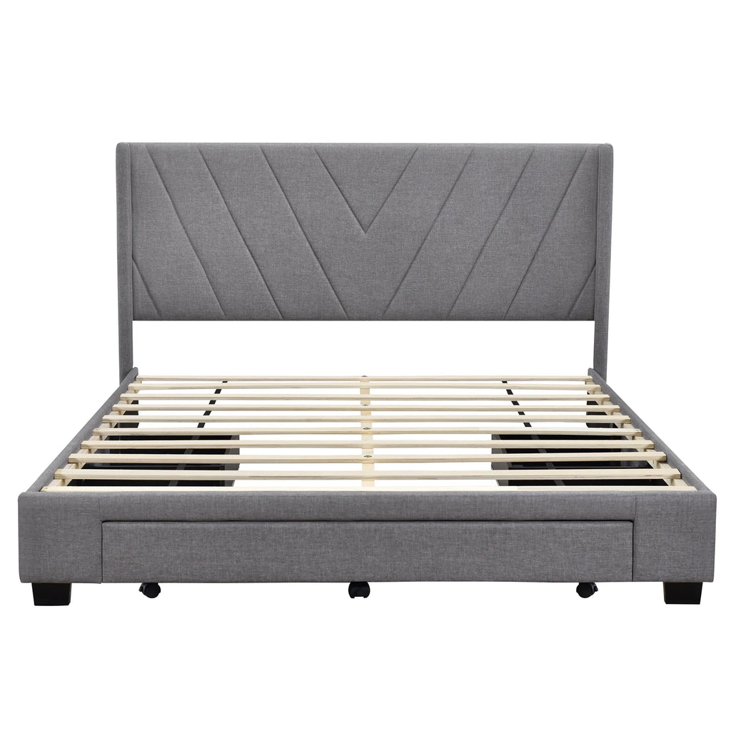 Queen Size Linen Upholstered Platform Bed with 3 Storage Drawers Z66510