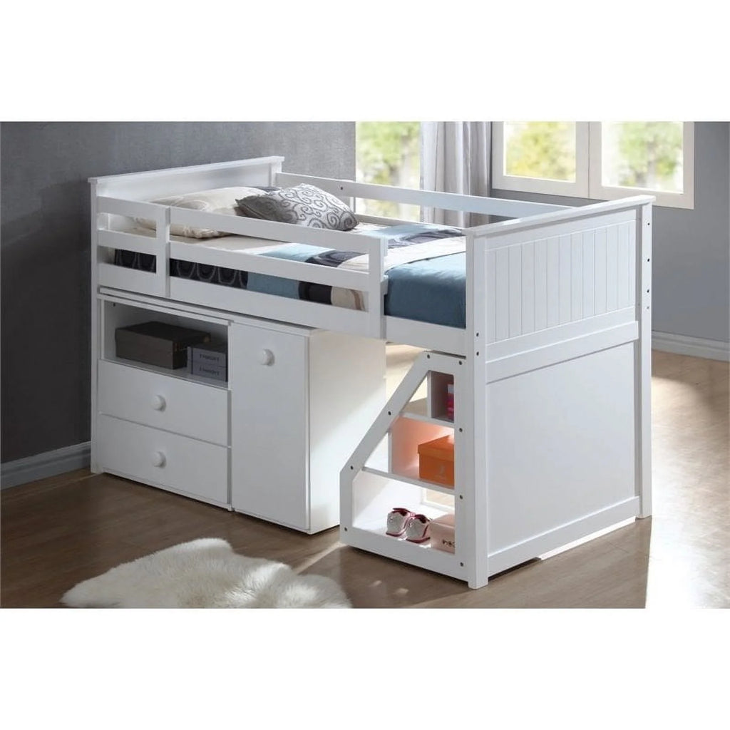 Twin Size Loft Bed with Storage Ladder Chest Swivel Desk in White R289