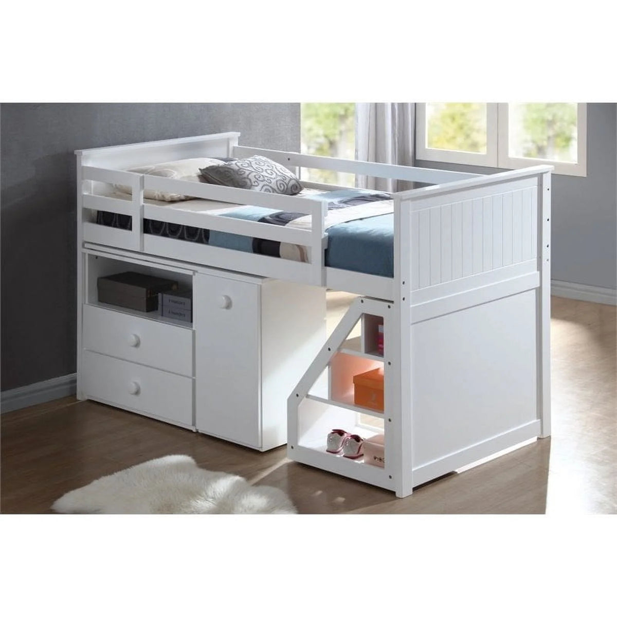 Twin Size Loft Bed with Storage Ladder Chest Swivel Desk in White R289