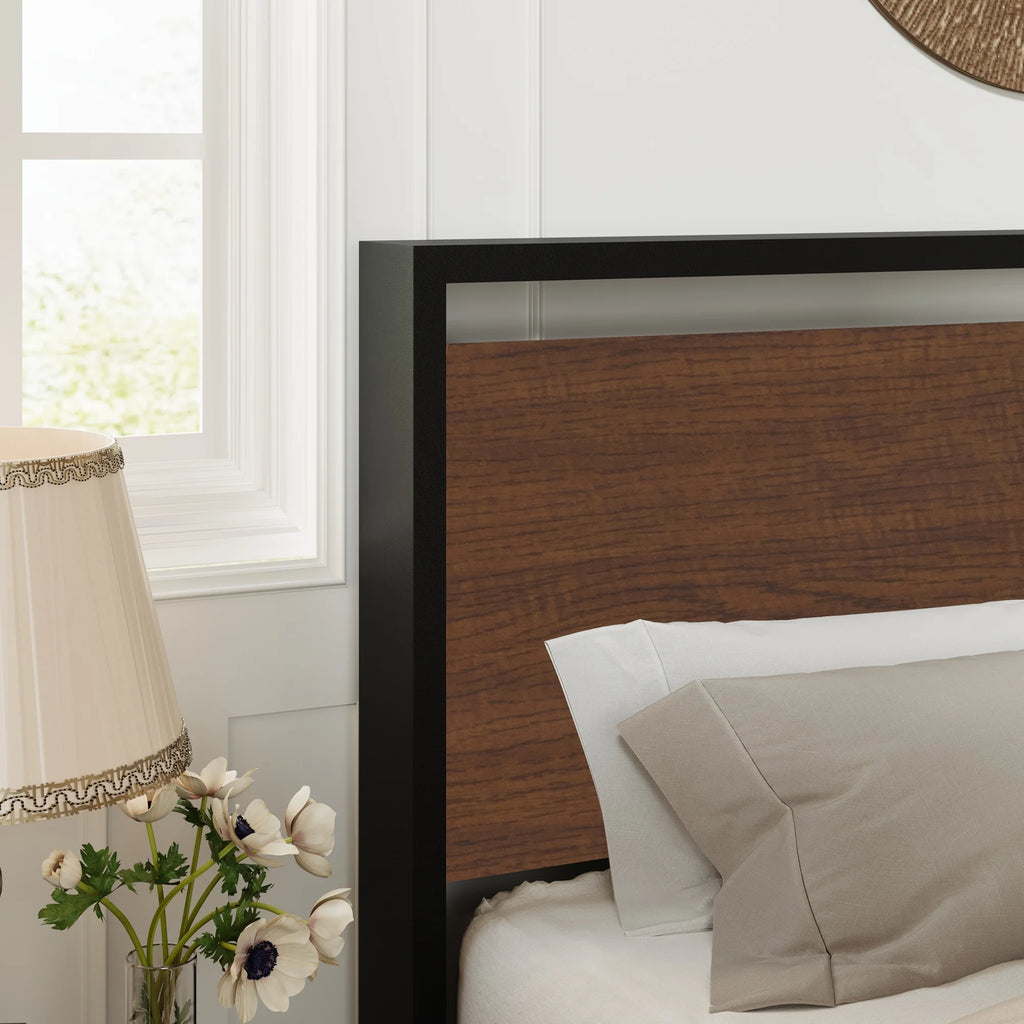 Queen Size Metal Platform Bed Frame with Wood Headboard N991367