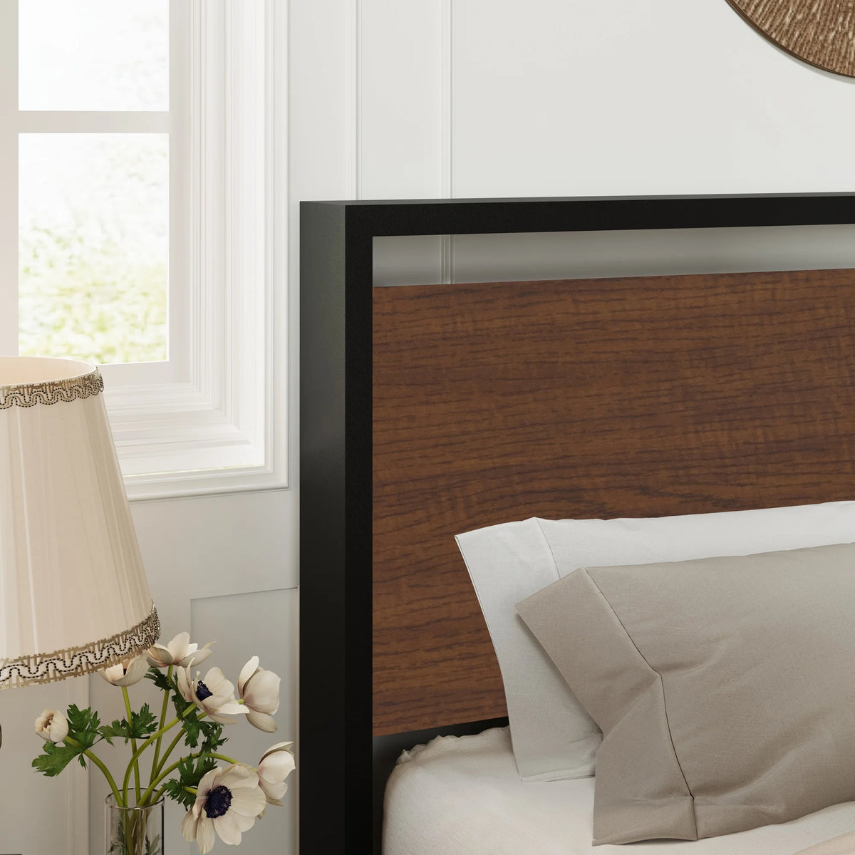 Queen Size Metal Platform Bed Frame with Wood Headboard N991367