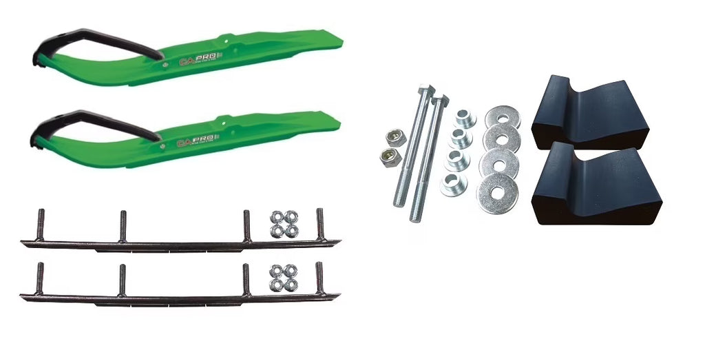 Green XT Snowmobile Skis with 8" Round Bars Complete Kit C242