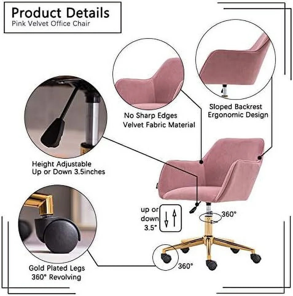 Velvet Yellow Adjustable Height Revolving Office Chair with Gold Metal Legs H916