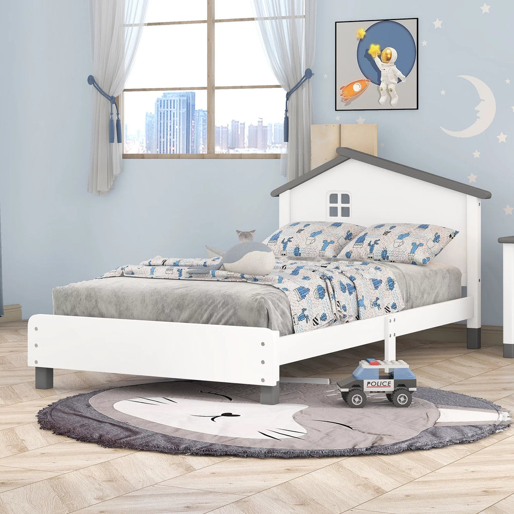 Twin Size Wood Platform Bed with House-Shaped Headboard E181