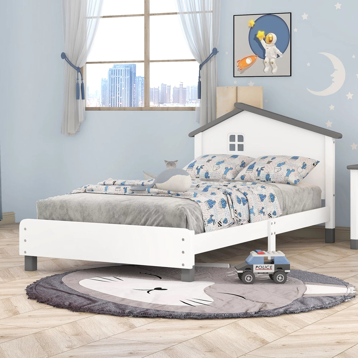 Twin Size Wood Platform Bed with House-Shaped Headboard E181