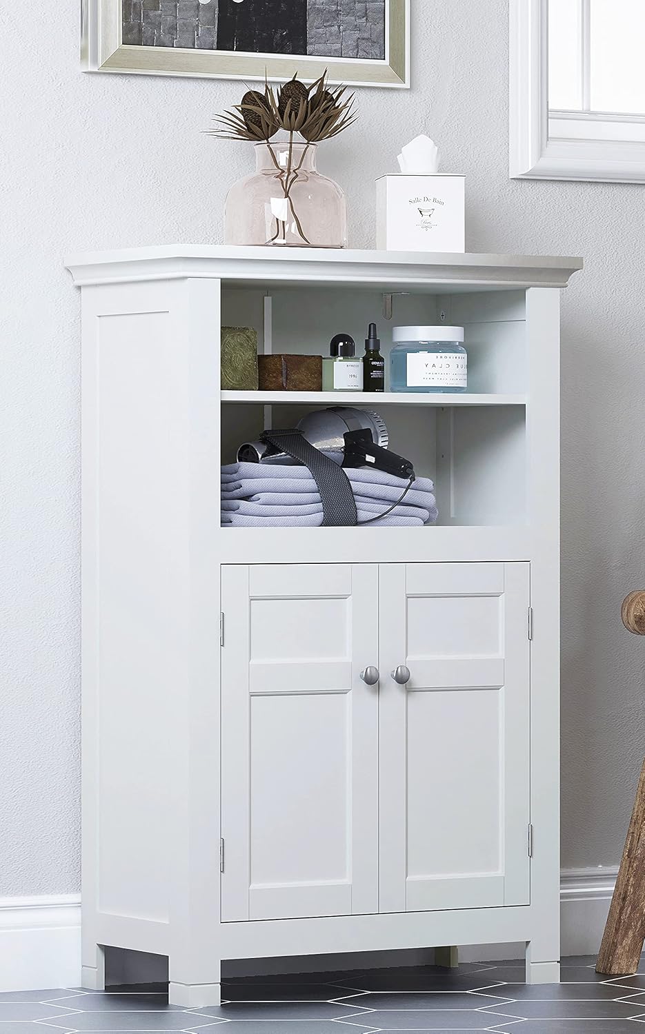 White Freestanding Bathroom Cabinet with Doors and Adjustable Shelf F98231