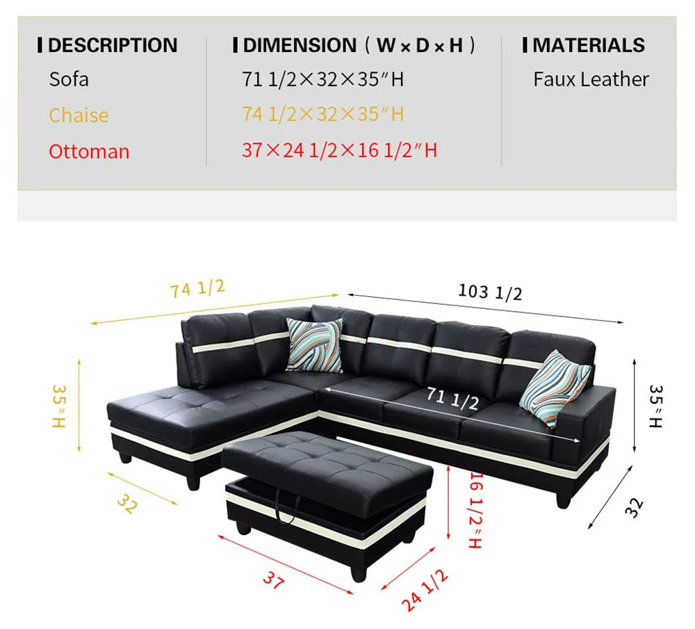 Black & White Faux Leather Sectional with Ottoman Left Hand Facing F128