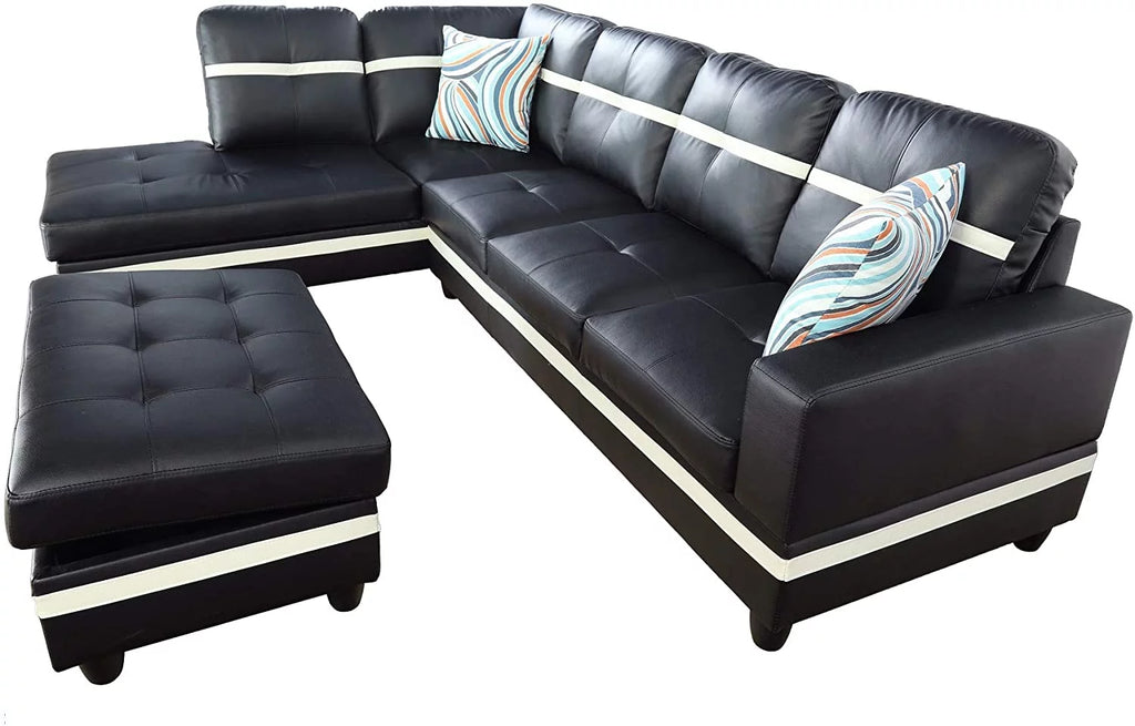 Black & White Faux Leather Sectional with Ottoman Left Hand Facing F128