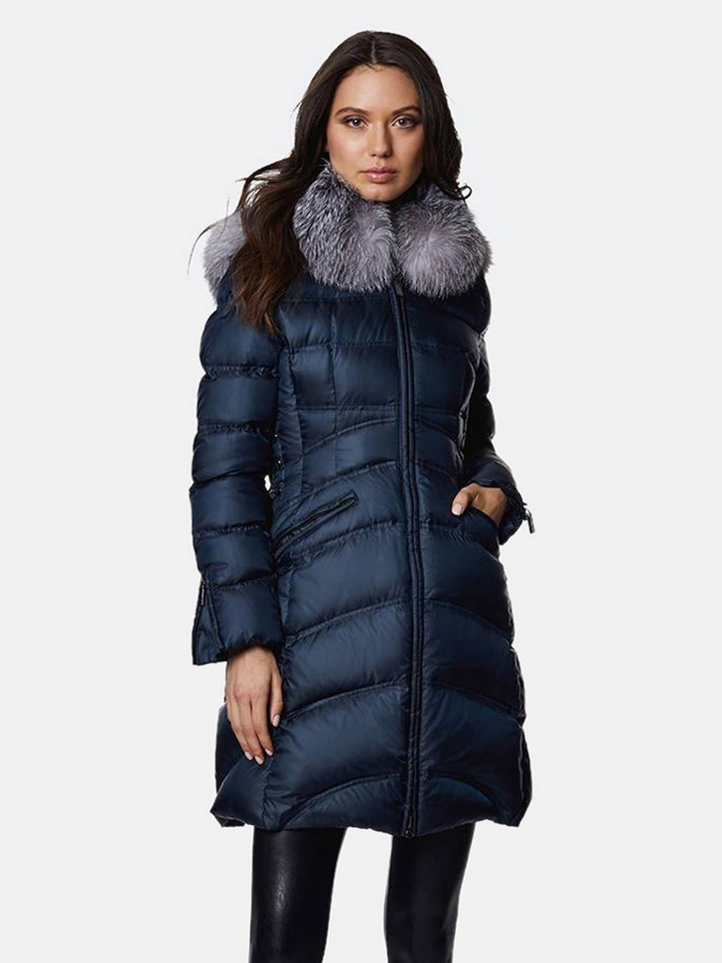 Blue Fitted Puffer Coat with Fox Fur Collar F860