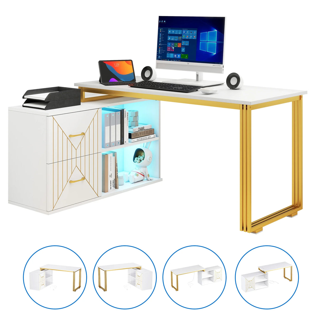 White 55 Inch L Shaped Corner Desk with Drawers and Storage Shelves L8875