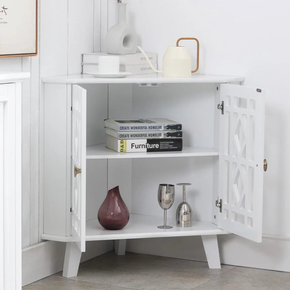 White 32" Corner Storage Cabinet with 2 Doors and 2-Tier Shelves C82366