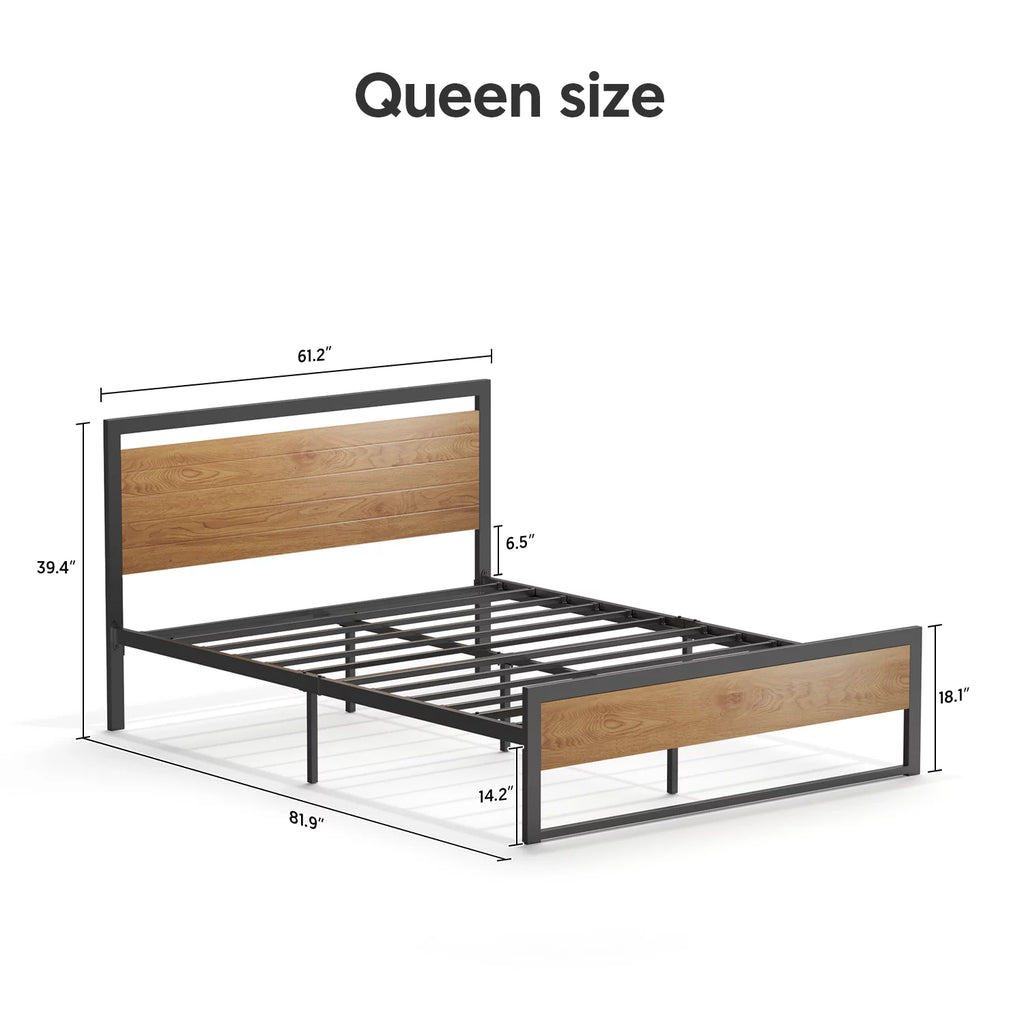 Queen Size Steel Platform Bed Frame with Wood Headboard O579