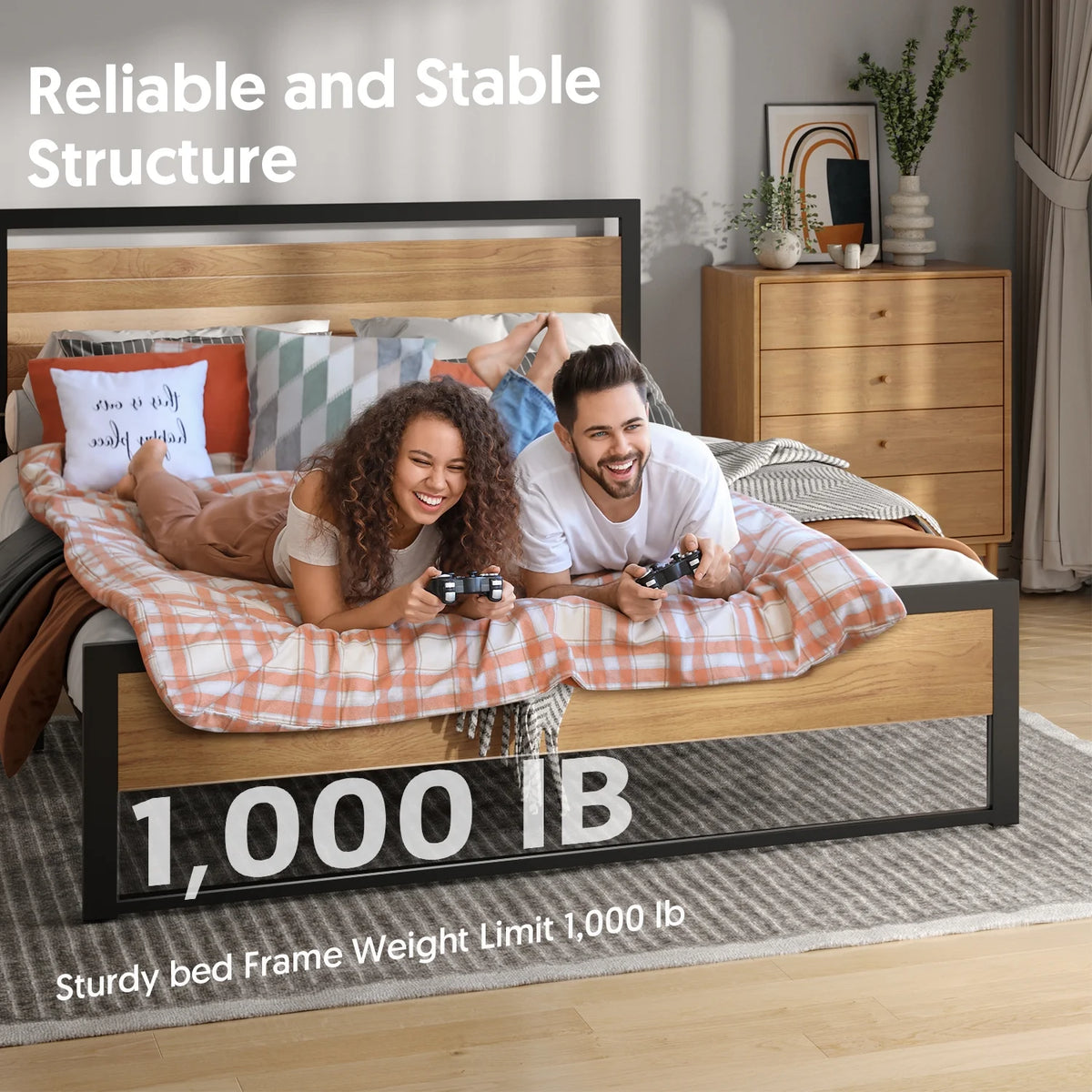 Queen Size Steel Platform Bed Frame with Wood Headboard O579