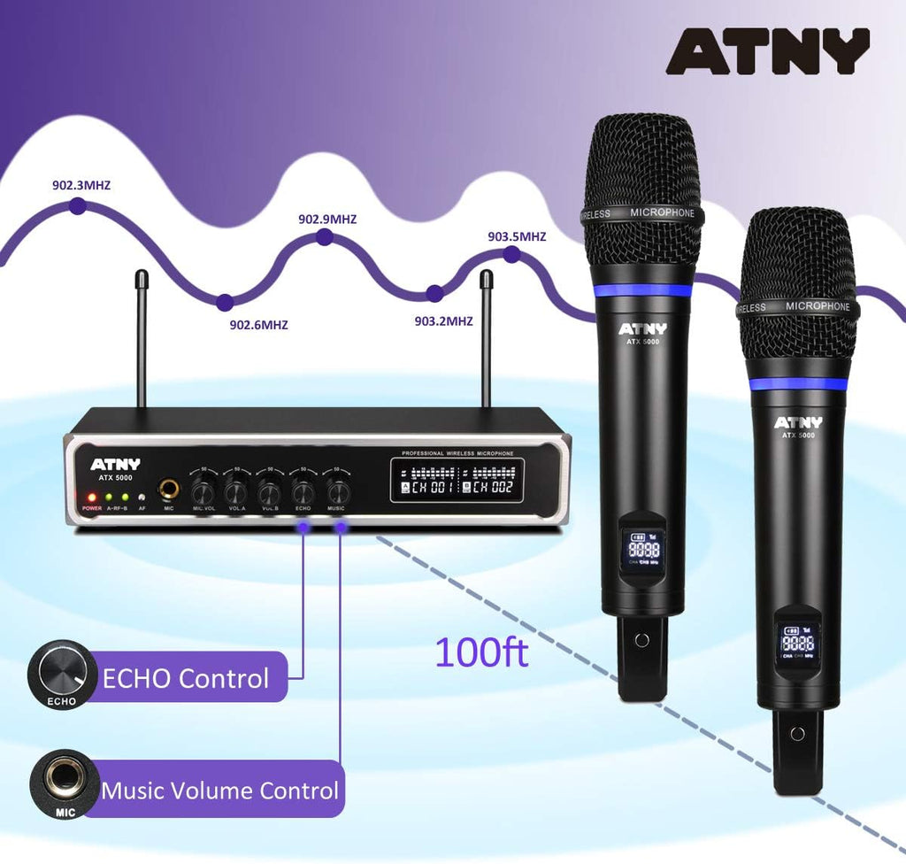 UHF Dual Channel Handheld Wireless Microphone System with 2 Rechargeable Metal Mics and LED Display E1437