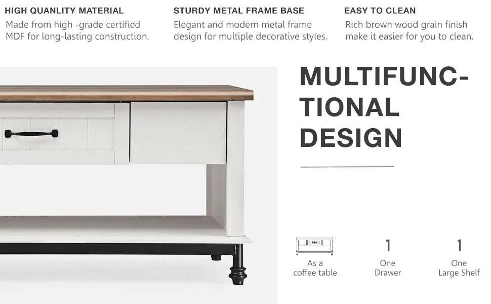 White Coffee Table with 1 Drawer and Storage Shelf J497859