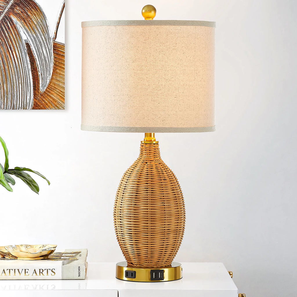 Brown Rattan Table Lamps Set of 2 with USB Port E137