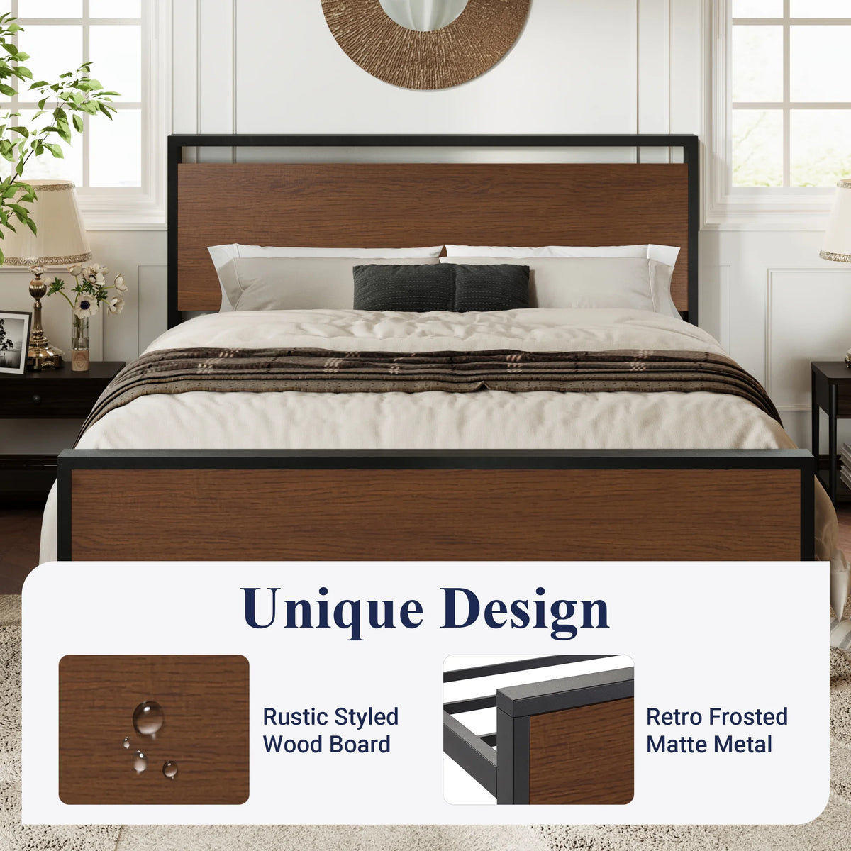 Queen Size Metal Platform Bed Frame with Wood Headboard N991367