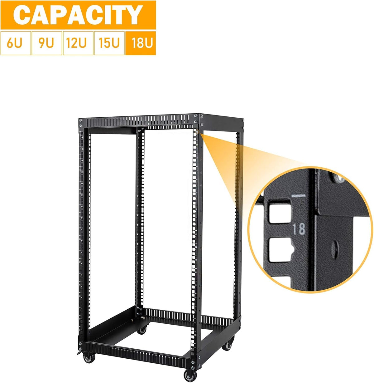 18U 4 Post Open Frame Server Rack with Brake Casters Black I74366