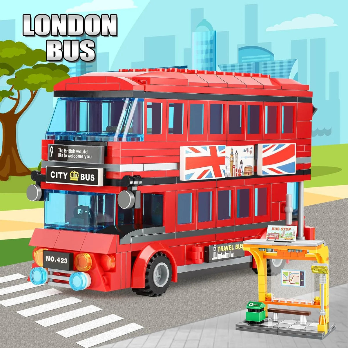 458 Pcs Double Deckers London Bus Station Building Blocks Set X87982