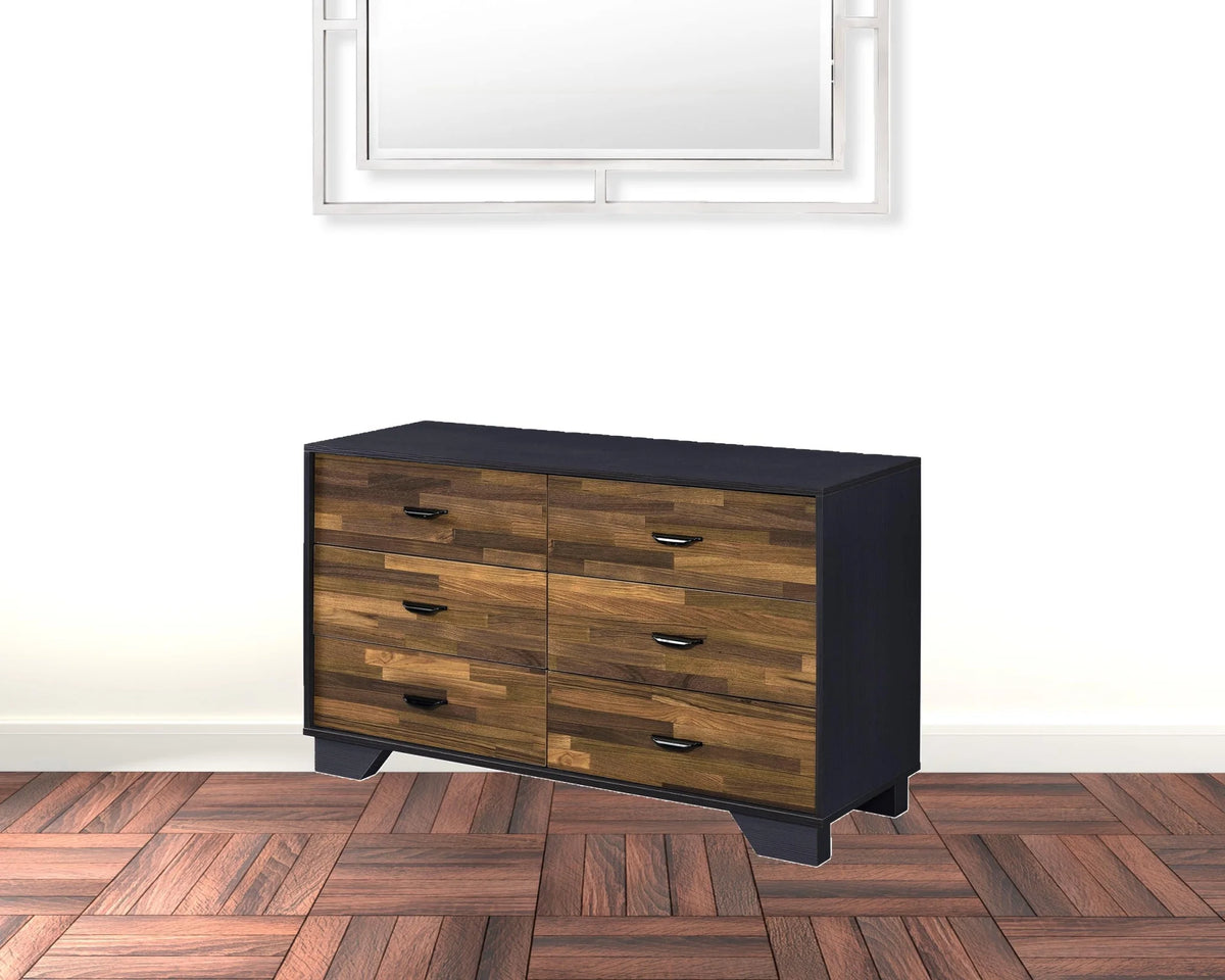 Walnut Black Manufactured Wood Six Drawers Double Dresser T931
