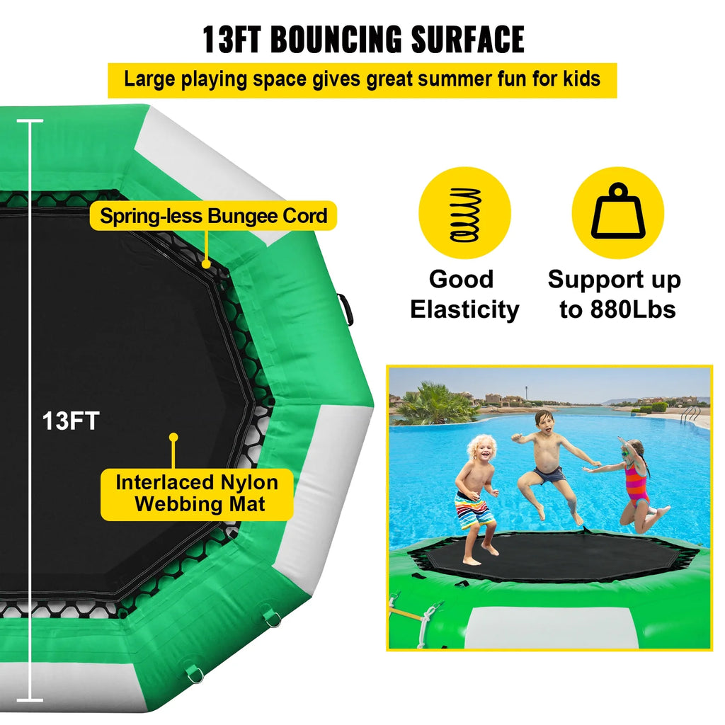 13ft Inflatable Water Bouncer, Green Water Trampoline Swim Platform X372