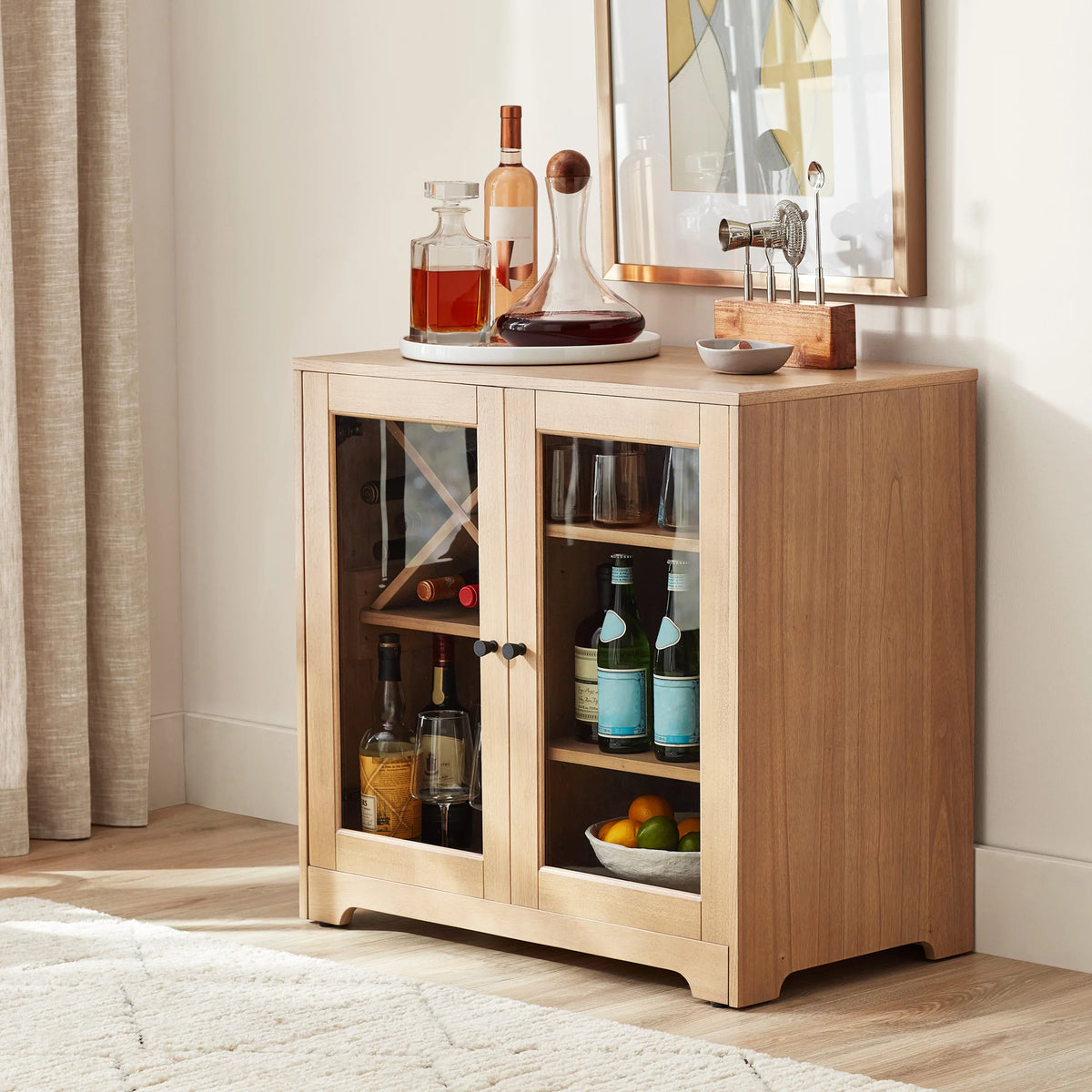 Natural Oak Bar Cabinet with Solid Wood Frame O505