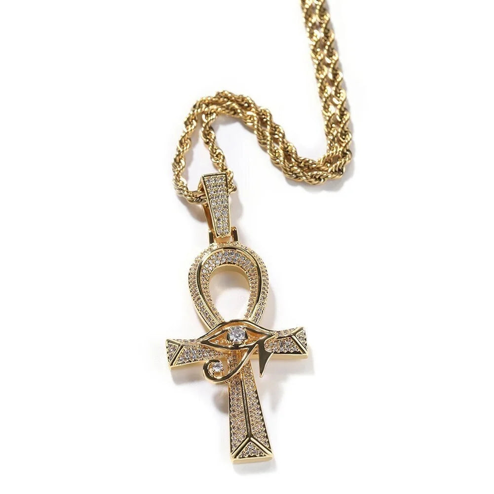 14K Gold Over Finish Simulated Diamond Eye Of Horus Ankh Cross Charm Pendant Necklace G334987
