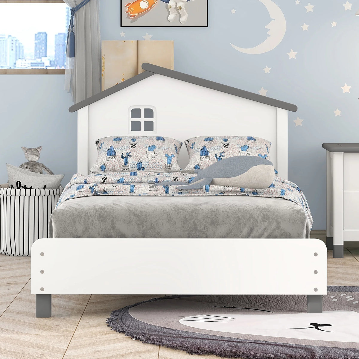 Twin Size Wood Platform Bed with House-Shaped Headboard E181