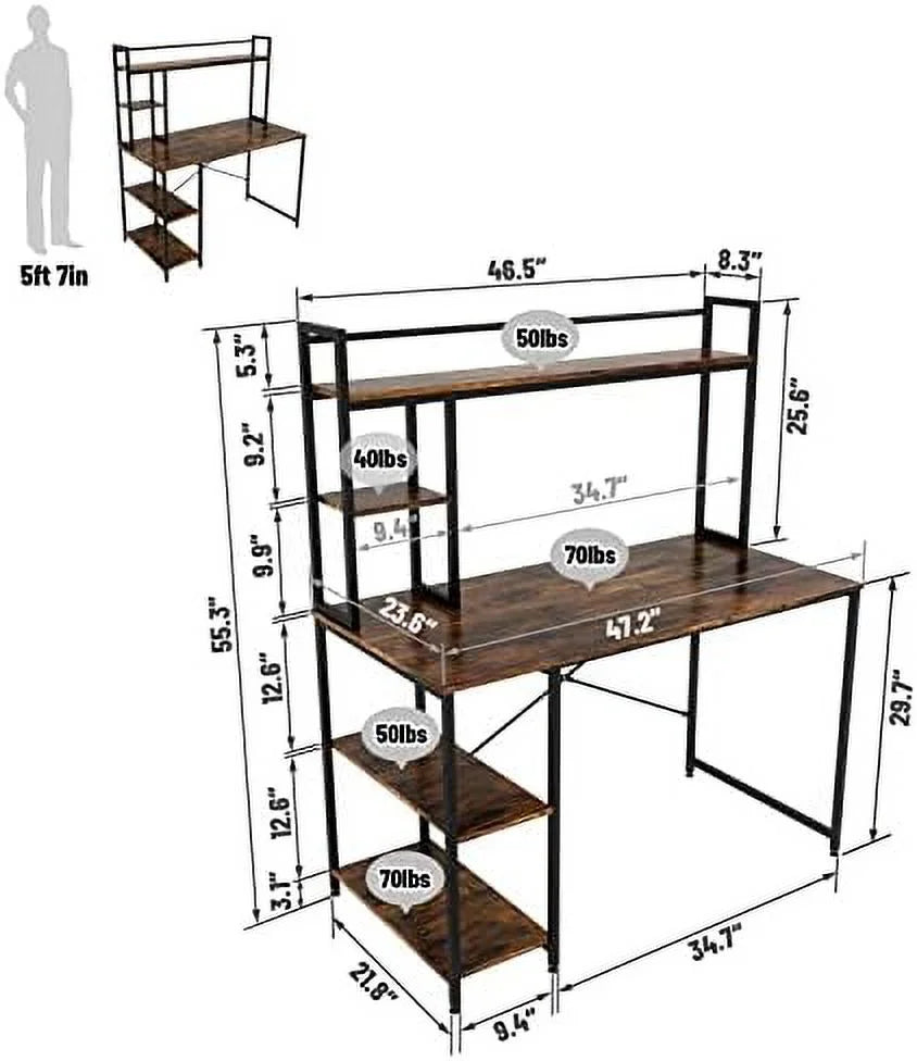 Computer Desk with Hutch and Shelves 47 Inch Adjustable S64362