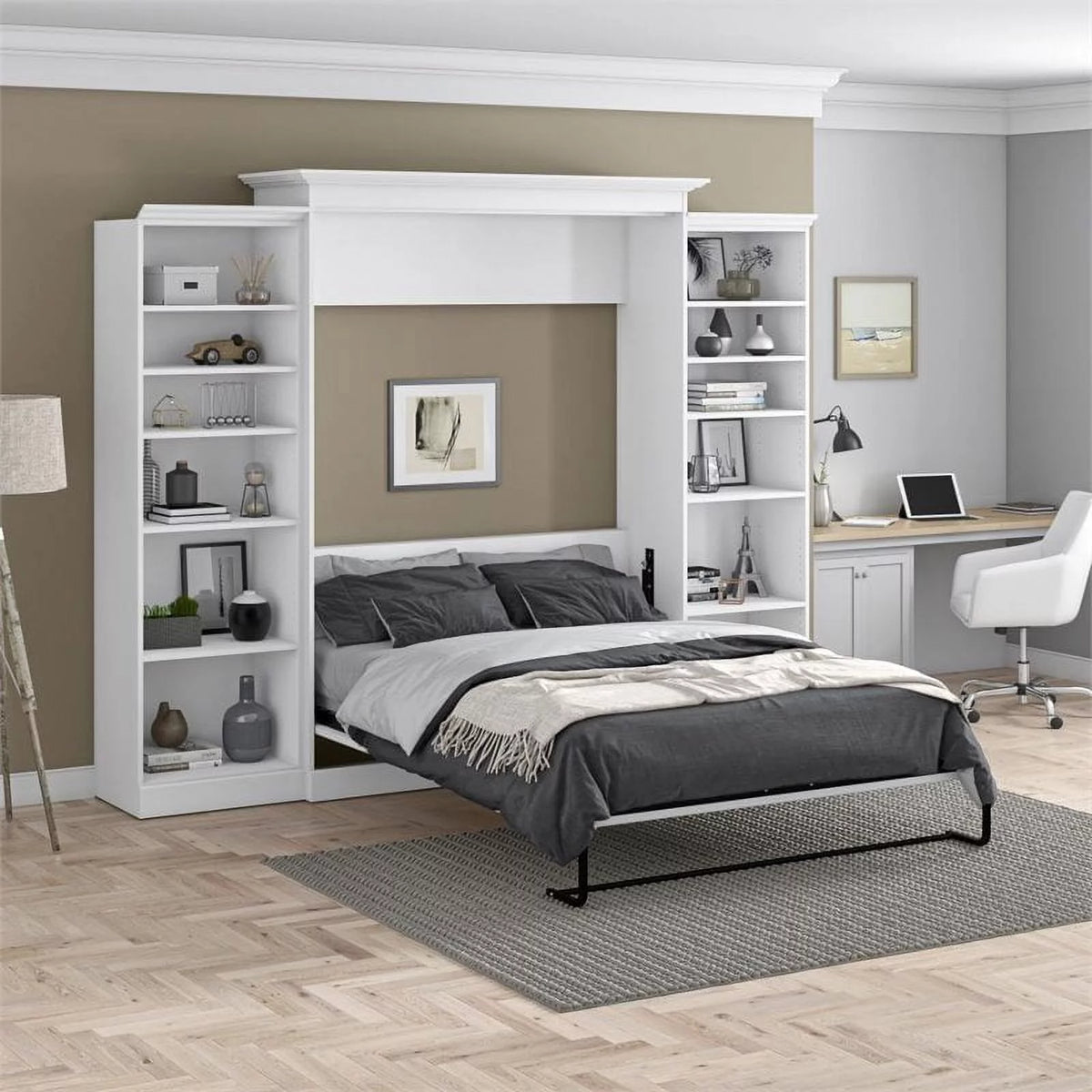 Queen Wall Bed with Storage in White Q62920