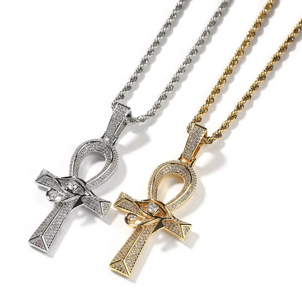 14K Gold Over Finish Simulated Diamond Eye Of Horus Ankh Cross Charm Pendant Necklace G334987