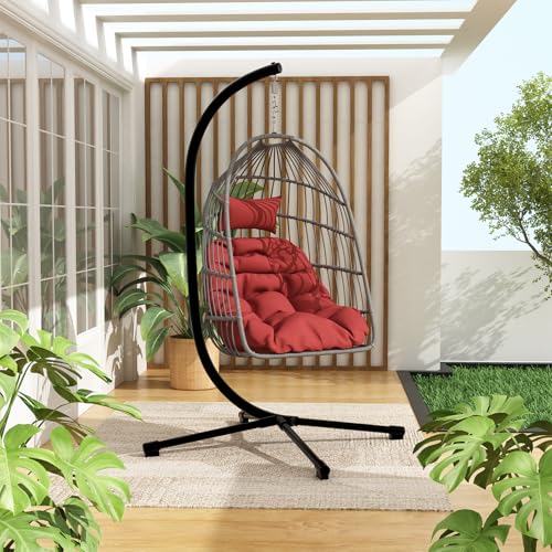 Foldable Hanging Egg Chair with Stand, HDPE Rattan and Aluminum-Steel Frame, 350 Lbs Capacity, Beige V5885