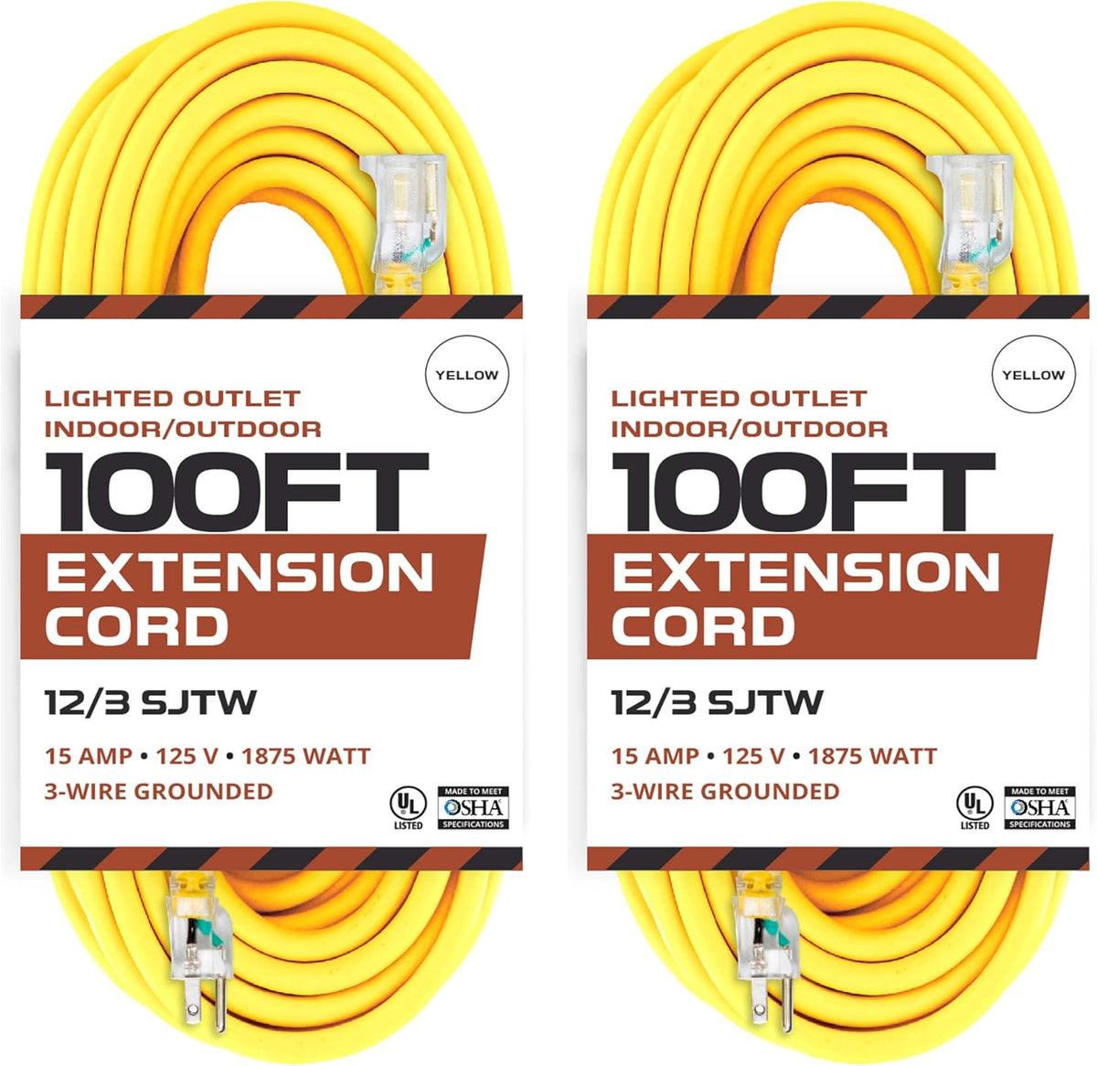 25 ft Lighted Outdoor Extension Cord, 12/3 SJTW Heavy Duty Yellow Extension Cable with 3 Prong Grounded Plug C593