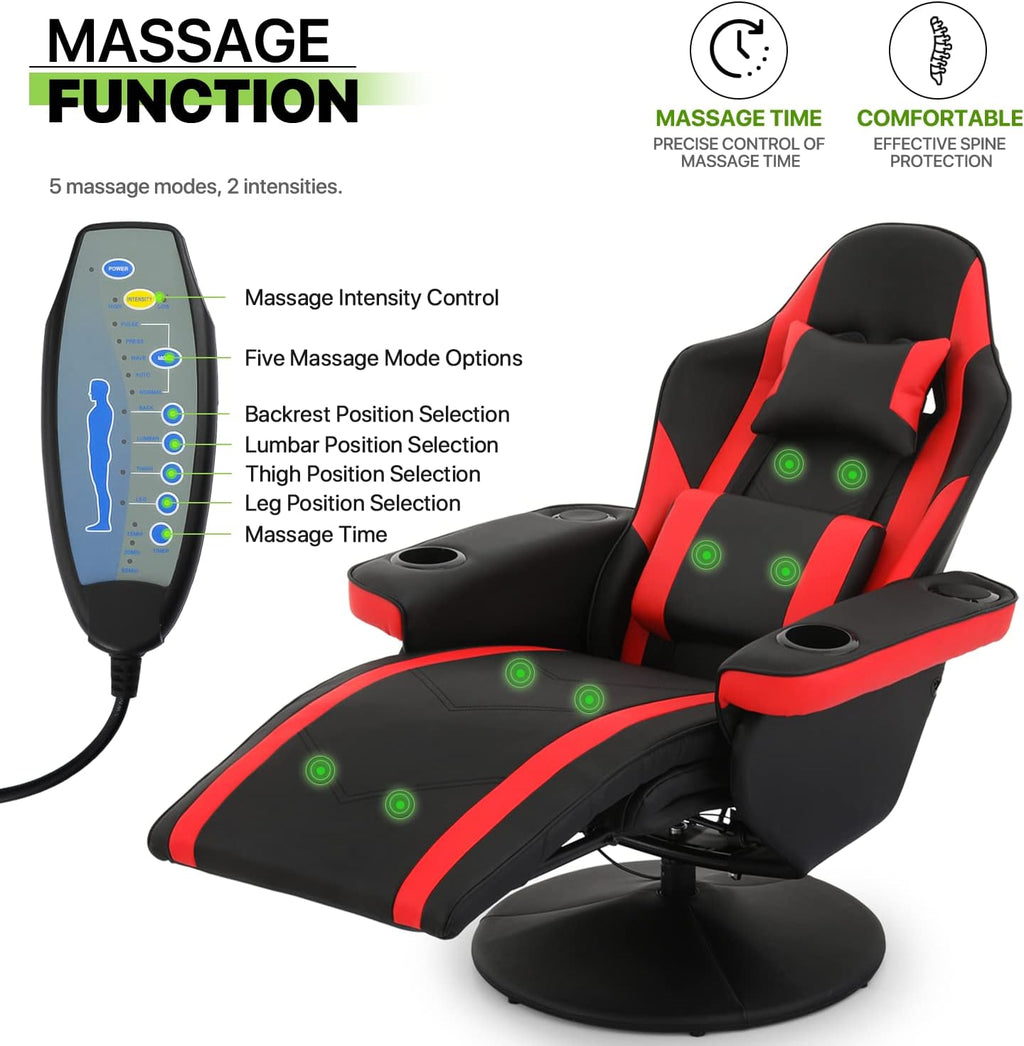 Red PU Leather 360° Swivel Massage Game Chair with Headrest and Footrest T37268