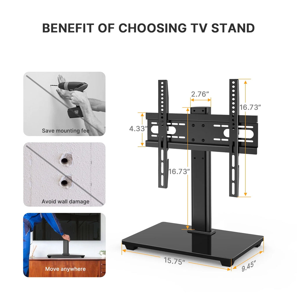 Universal TV Stand for 32-55 Inch TVs Height Adjustable Tempered Glass Base O195